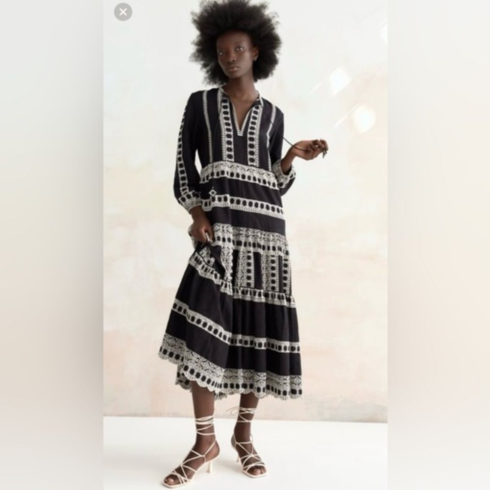 (B4) ZARA MIDI EMBROIDERY LONG SLEEVE BLACK DRESS S22 SIZES XS REF.4786/066 - Picture 15 of 16